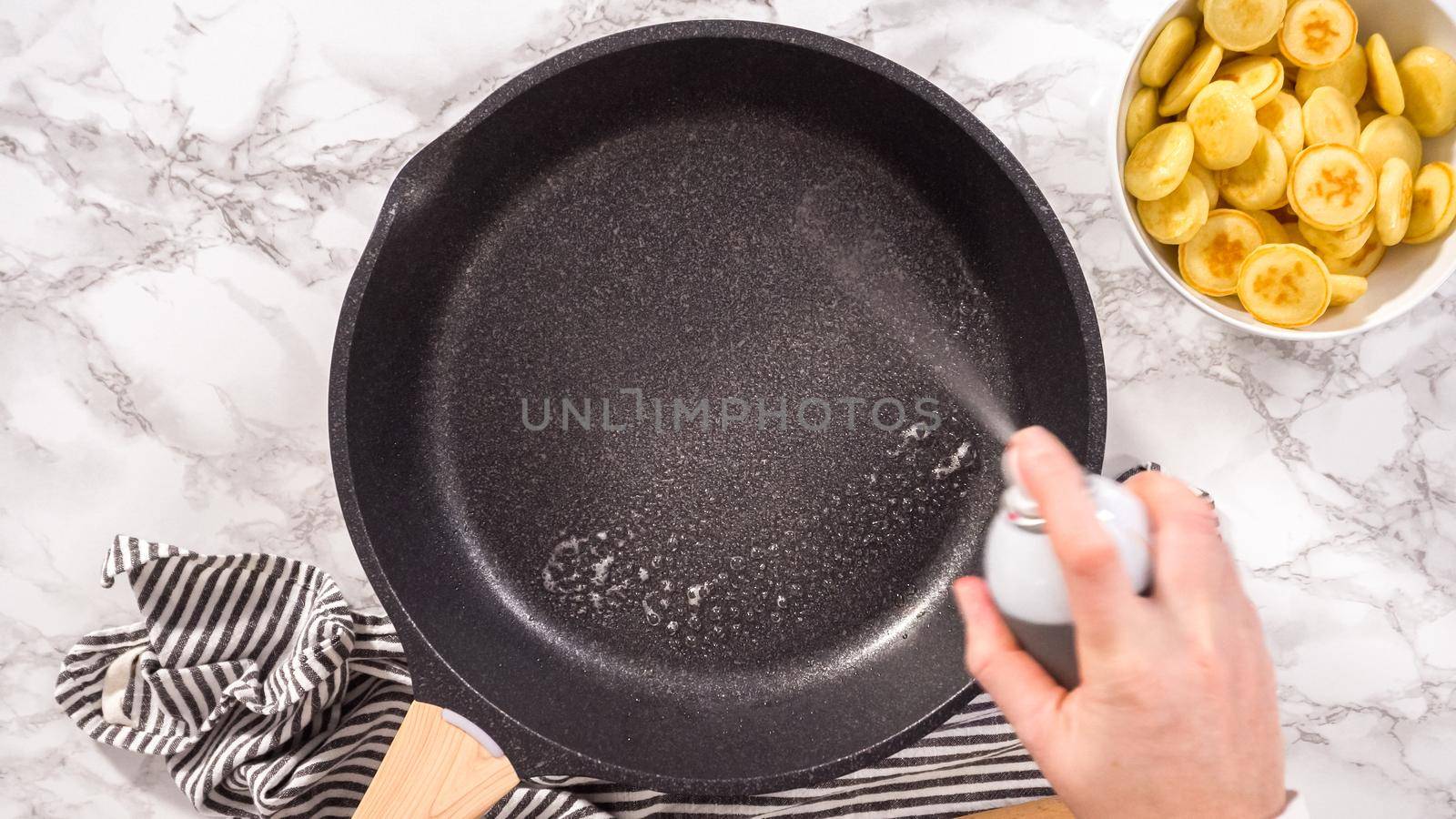 Flat lay. Step by step. Frying mini pancake cereal in a nonstick frying pan.