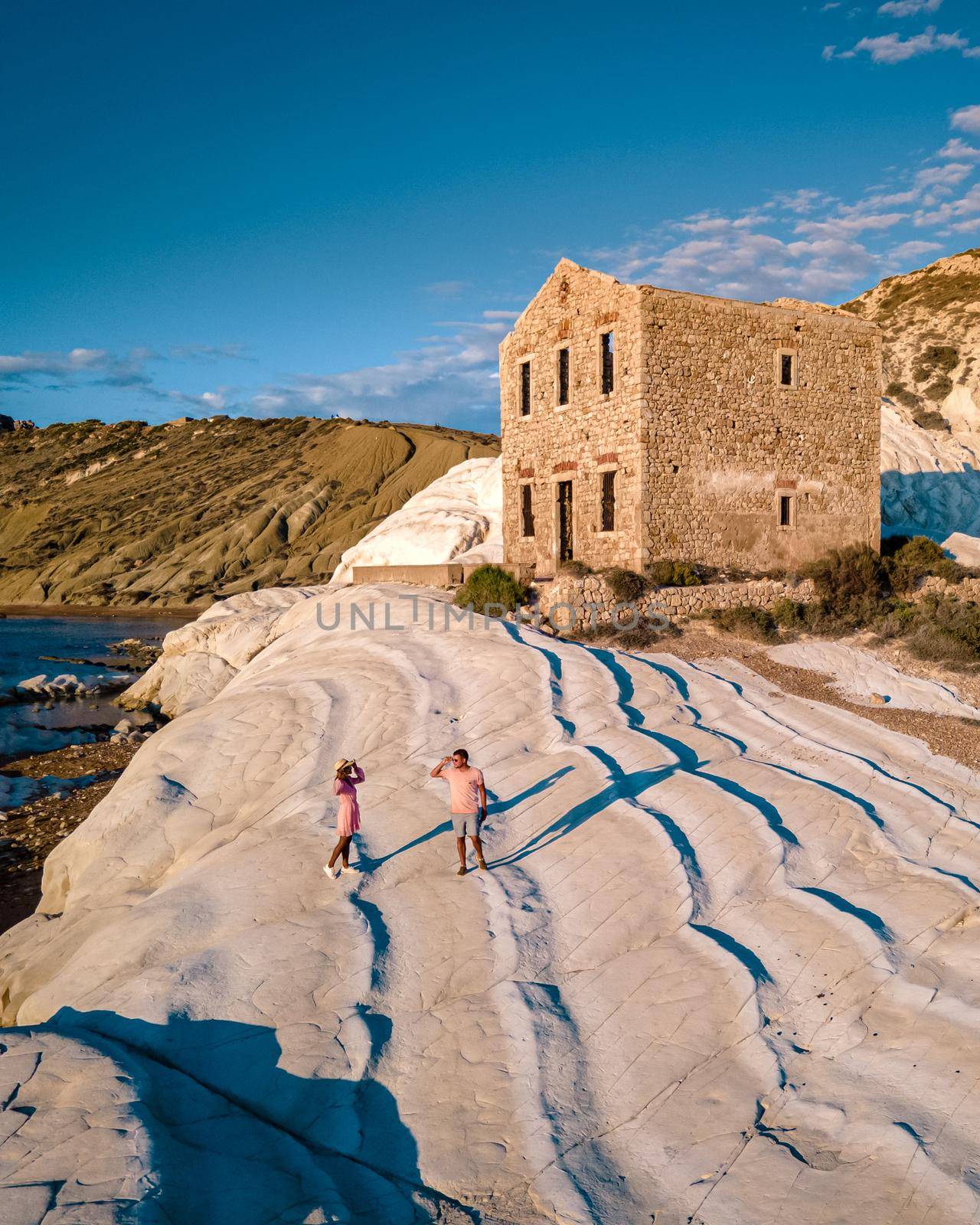 Punta Bianca Sicily Agrigento, white cliffs coast with abdonned house in Siclia by fokkebok