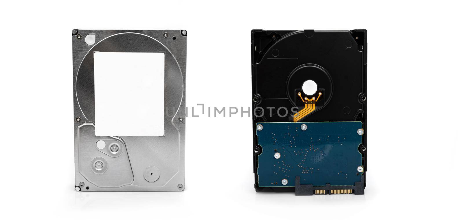 Hardware disk HDD datum for computer PC isolated on white background, view from both sides. Hard drive technology for modern gadget