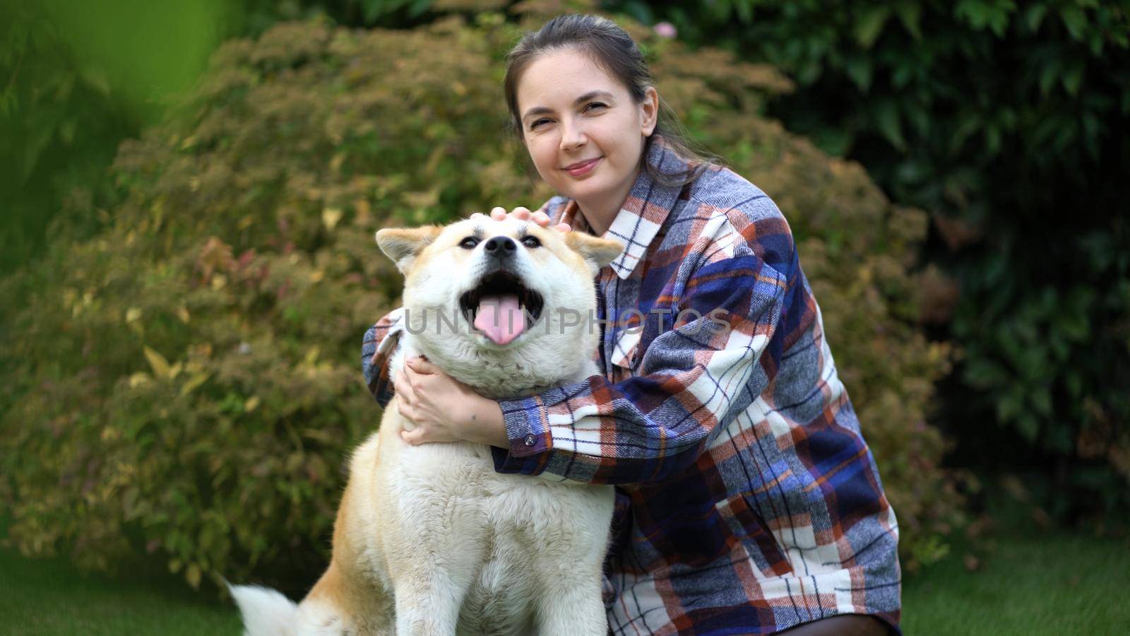 Portrait of a girl in a shirt petting her favorite dog Akita inu on the lawn and looking at the camera. Outdoor recreation with a pet.