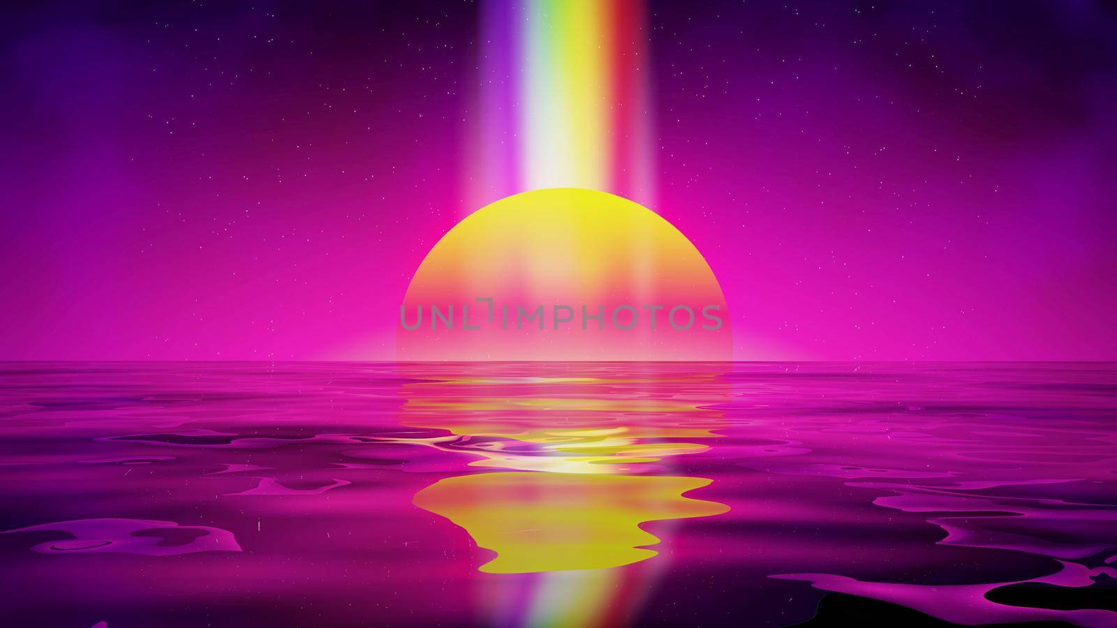 Retro landscape background sunset 3d landscape with rainbow light. Futuristic landscape 1980s style. Digital retro landscape reflecting in water. 80s party background . Retro fashion Sci-Fi Background by DmytroRazinkov