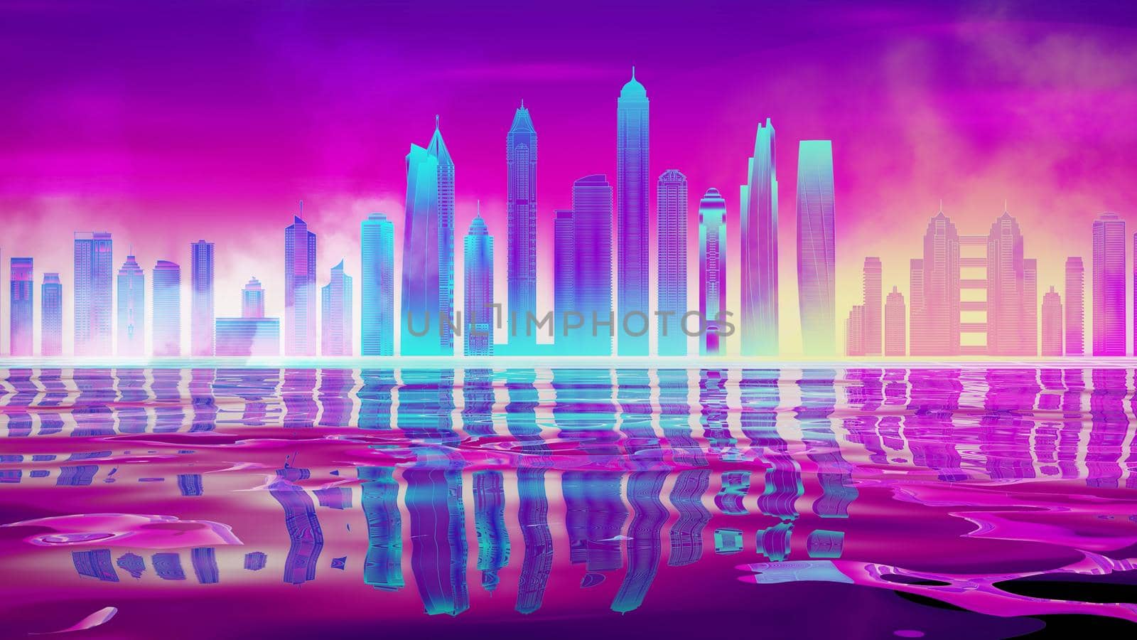 Synthwave pink retro city with the night sky. Digital city retro future illustration arcade background. Night city neon glow by DmytroRazinkov
