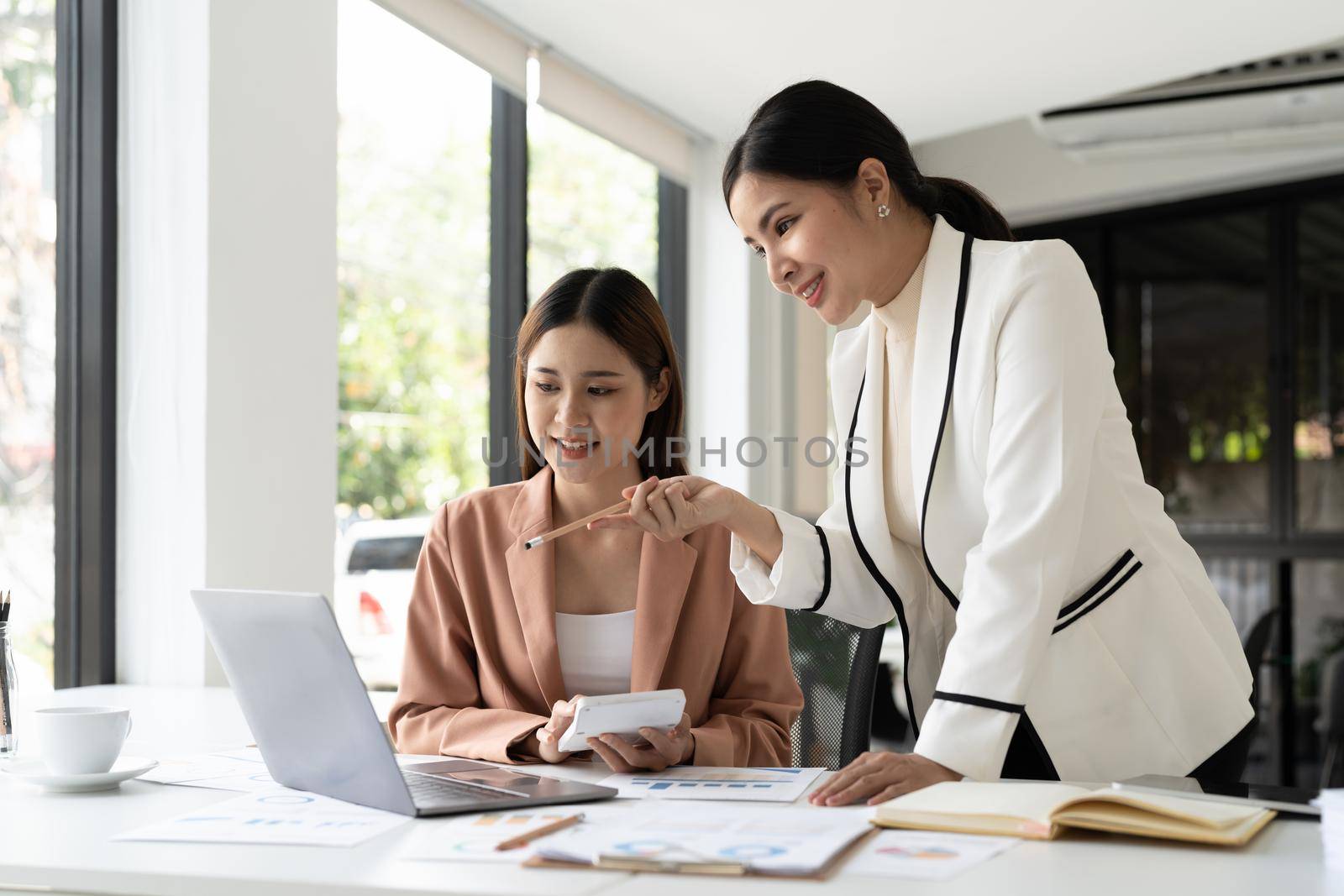Young businesswoman adviser standing in front of laptop and giving advise to sales woman. Business people consulting at office