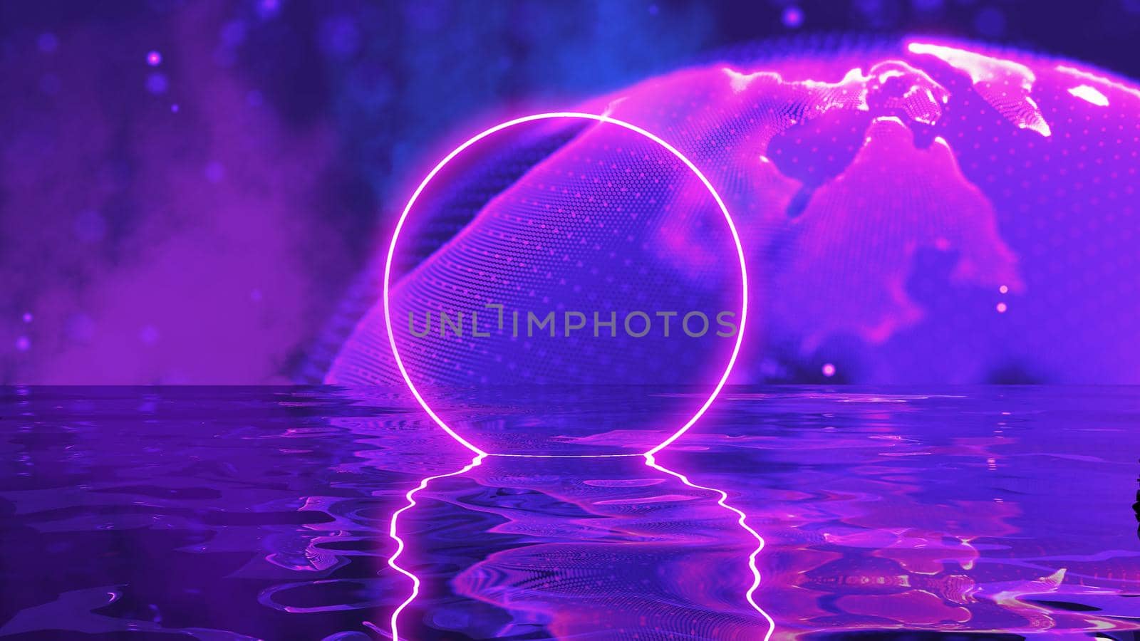 Abstract neon circle. Abstract room sci-fi illustration. Neon glow retro 80s background.