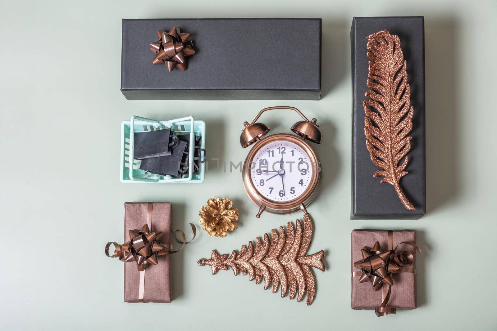 Christmas New Year shopping flatlay with gifts and holiday decor top view. Creative modern layout by ssvimaliss