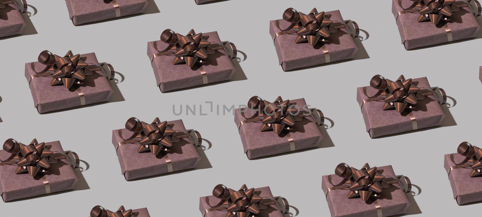 Banner with pattern from Bbown gift box with bow on gray background. Christmas minimalist concept banner.