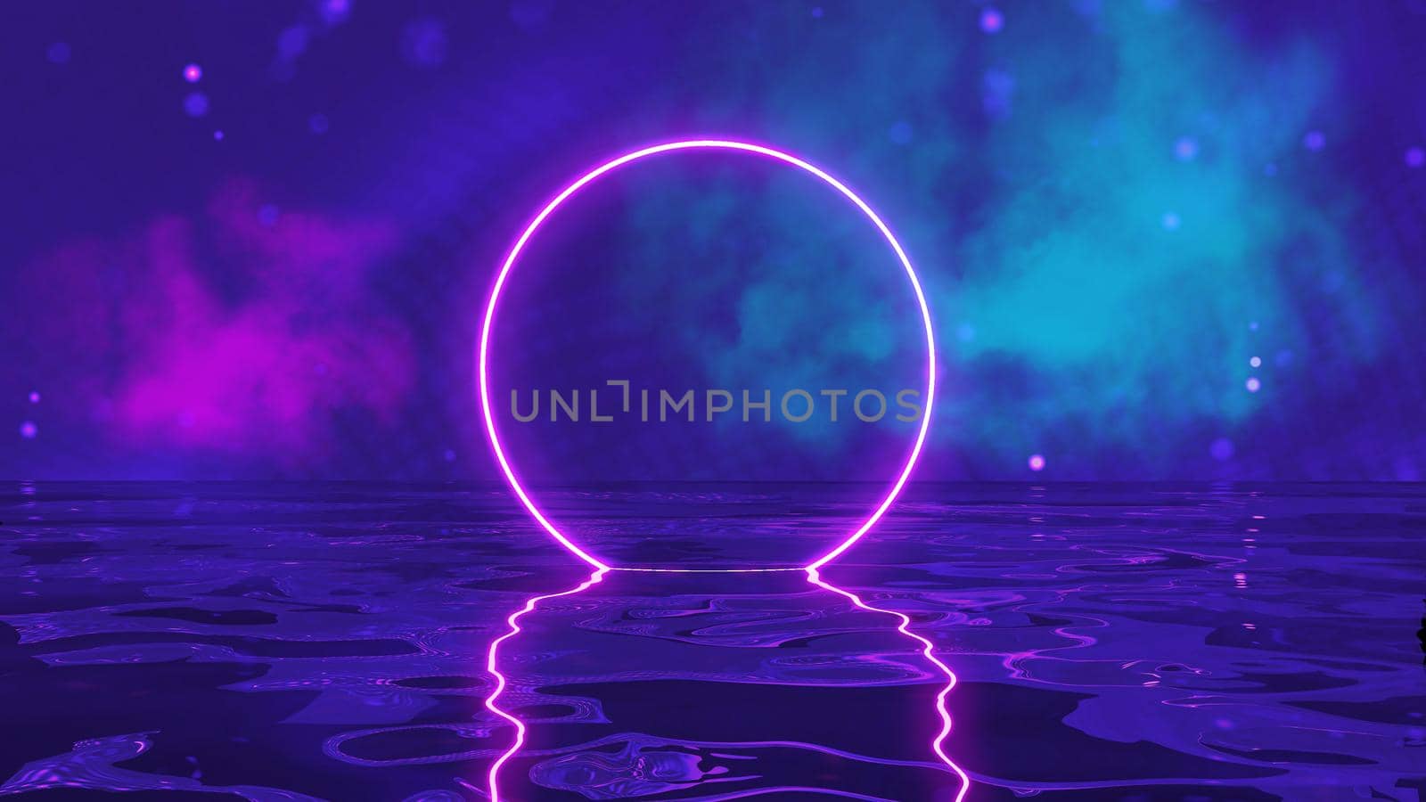 Abstract neon circle. Abstract room sci-fi illustration. Neon glow retro 80s background.