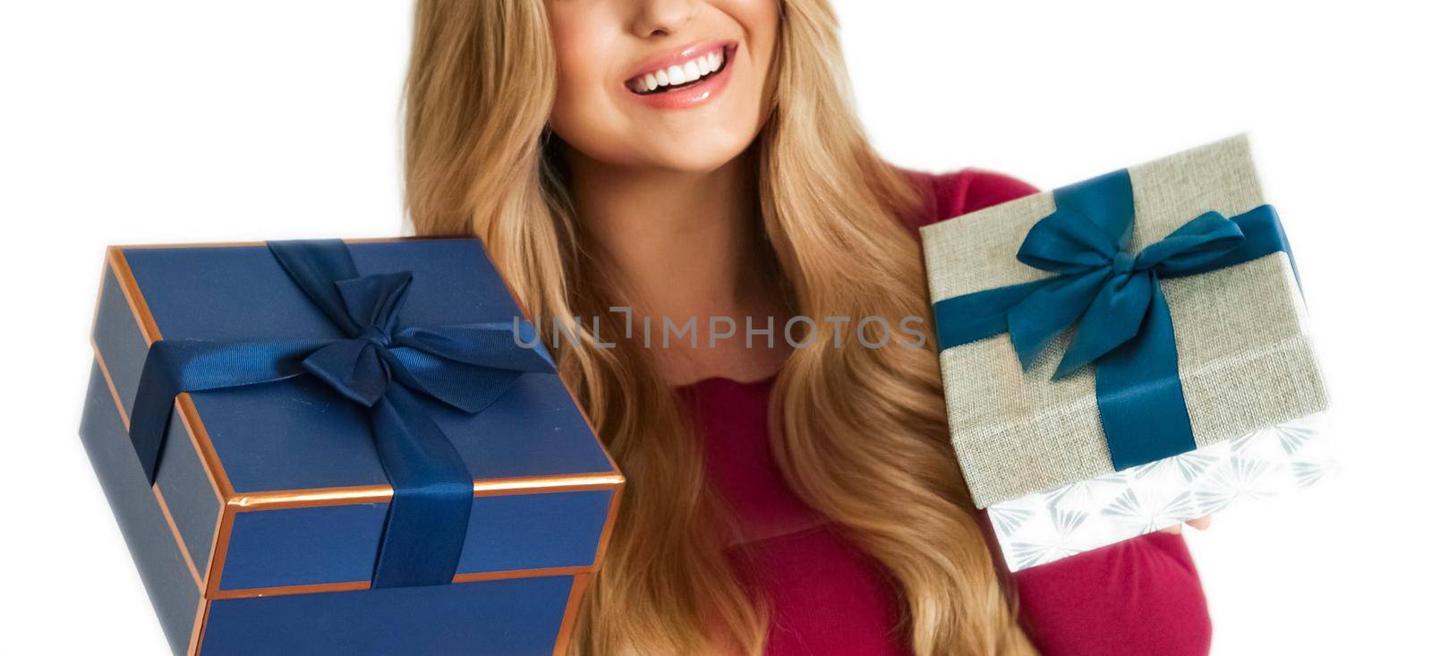 Birthday, Christmas gifts or holiday present, happy woman holding gift boxes isolated on white background by Anneleven