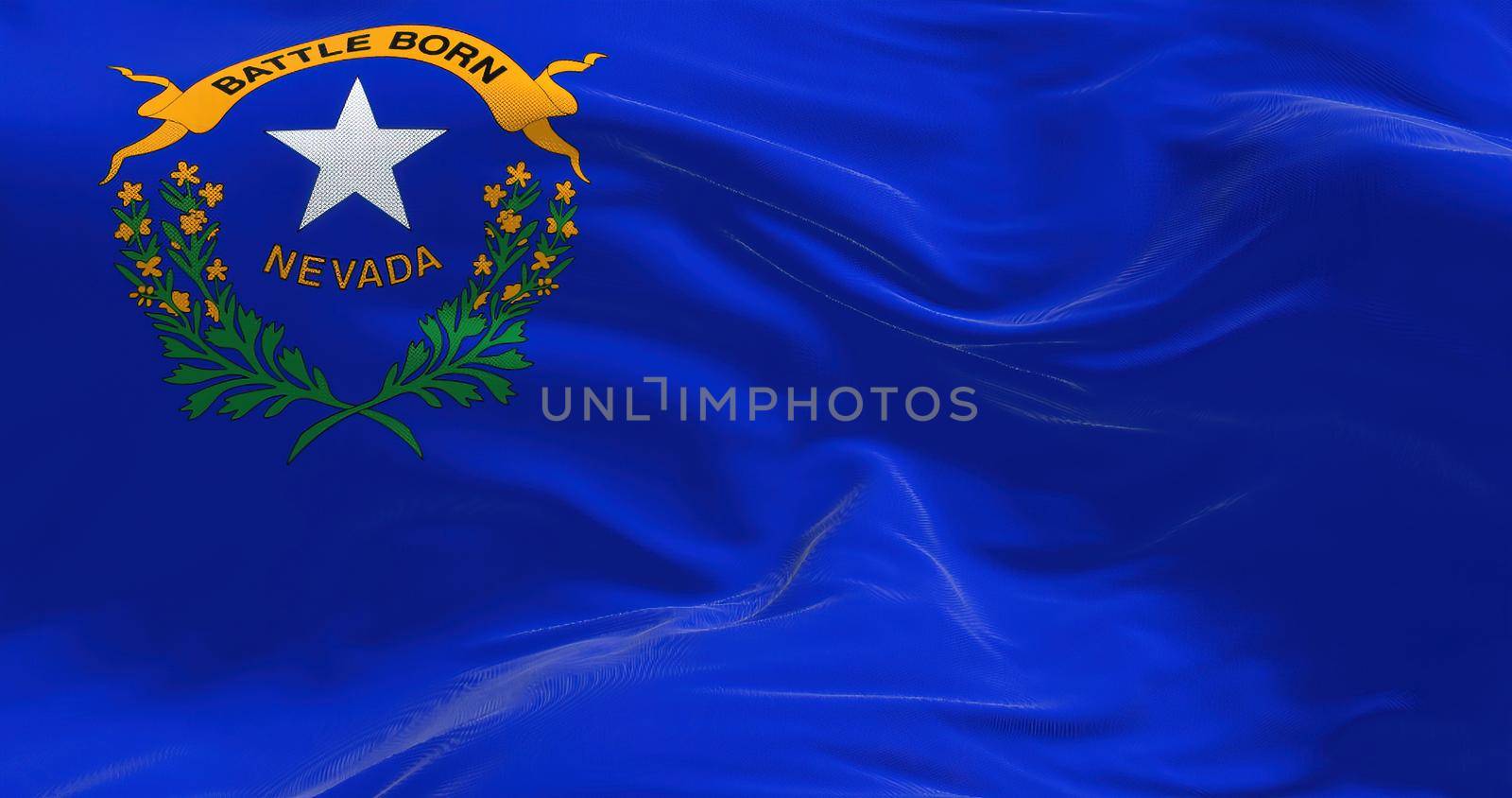 Close-up view of the Nevada state flag waving. Nevada is a state in the Western region of the United States. Fabric textured background