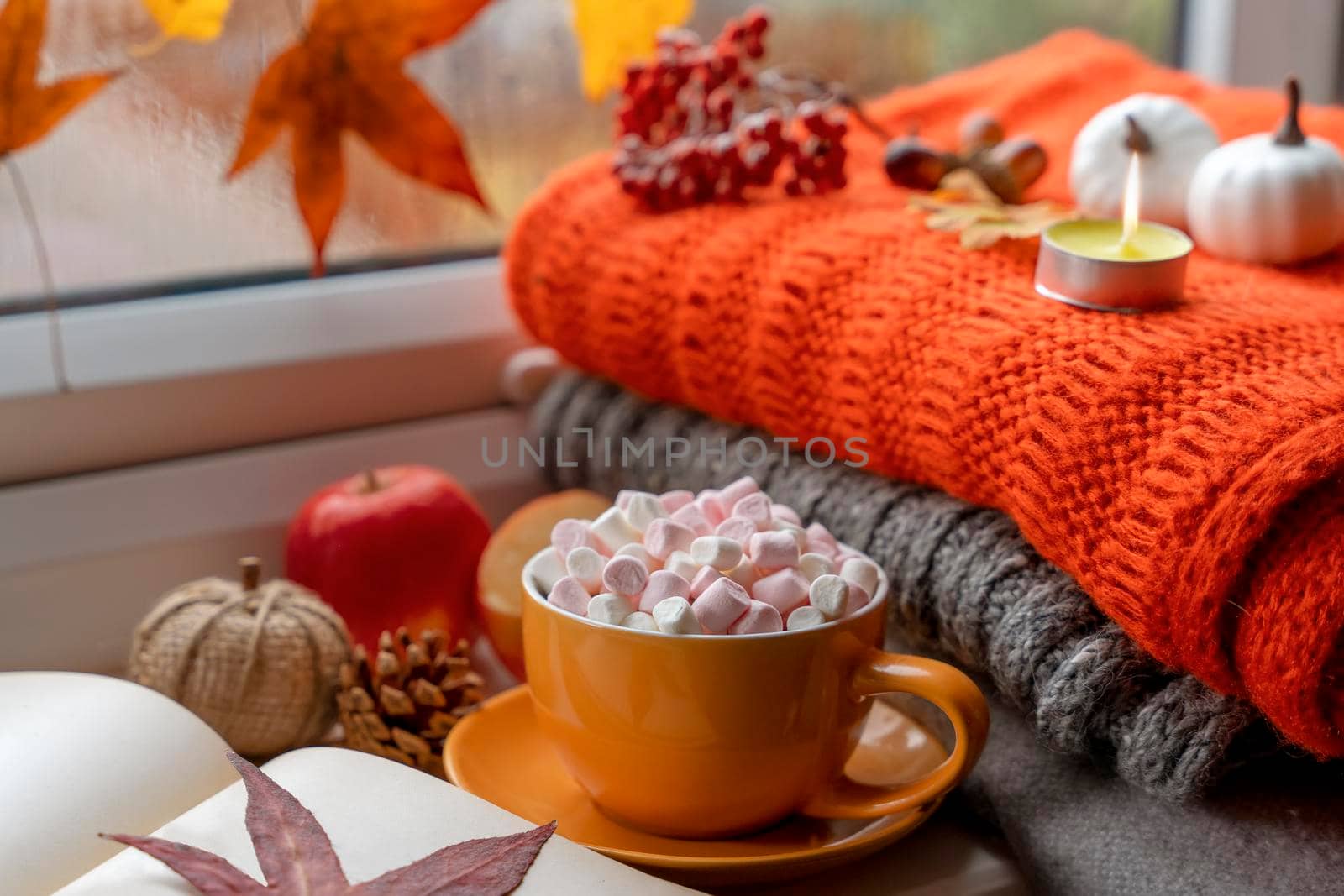 a yellow marshmallow cup with a saucer on autumn leaves with an orange scarf a candle a cone acornes notebook pumpkin apples on the windowsill in rainy weather