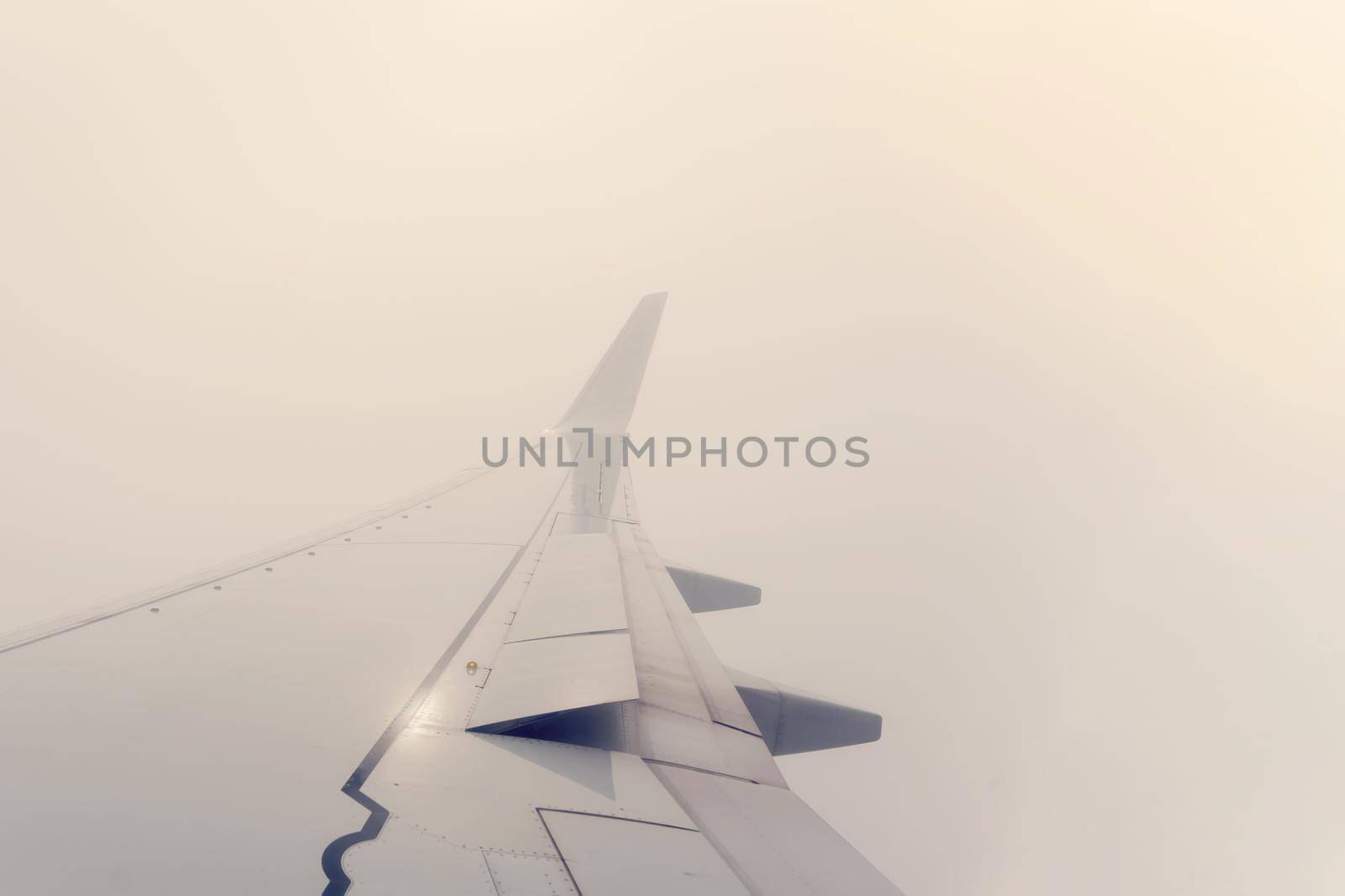 Wing of the plane on cloudy sky background Space for text. Banner concept by Iryna_Melnyk
