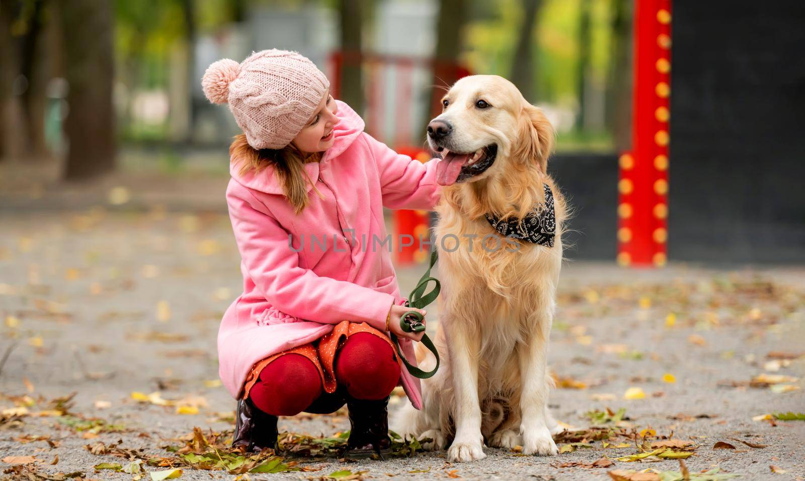 Preteen girl kid with golden retriever dog sitting in the park and petting doggy. Female child with pet at autumn