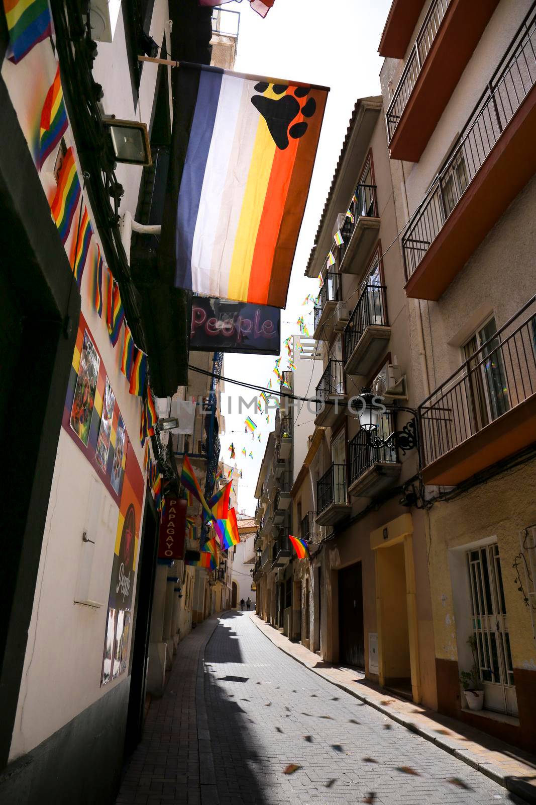 Benidorm, Alicante, Spain- September 11, 2022: Streets and facades adorned with colorful rainbow and bear flags for The Gay Pride in Benidorm
