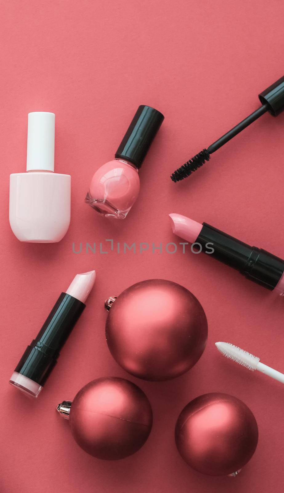 Cosmetic branding, fashion blog cover and girly glamour concept - Make-up and cosmetics product set for beauty brand Christmas sale promotion, luxury coral flatlay background as holiday design