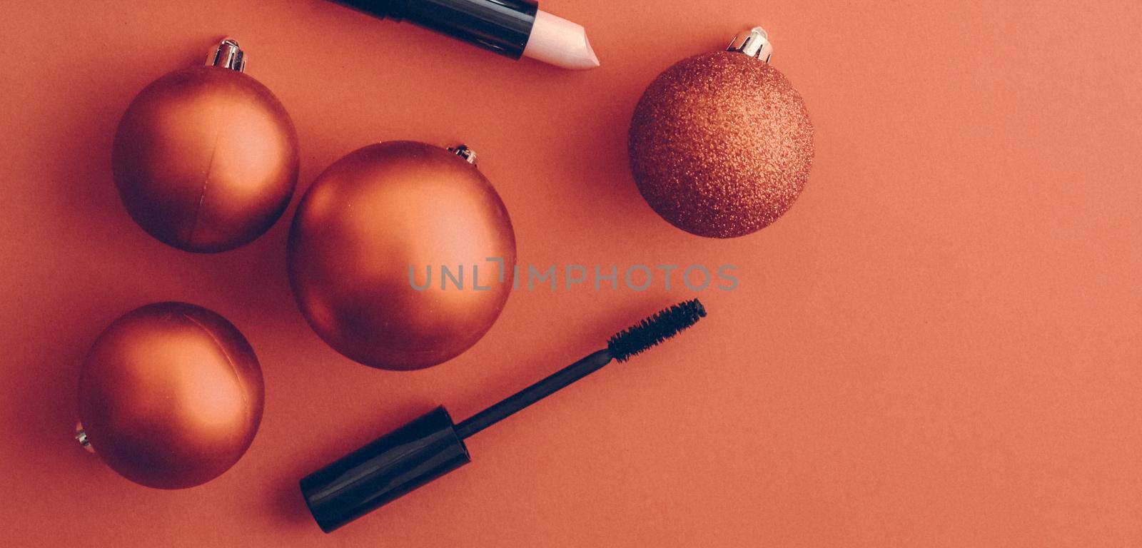 Make-up and cosmetics product set for beauty brand Christmas sale promotion, vintage orange flatlay background as holiday design by Anneleven