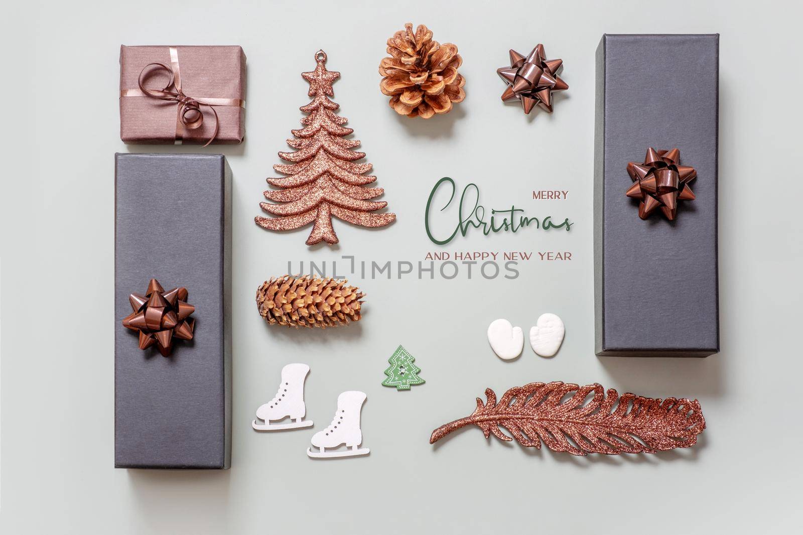 Merry Christmas and happy New Year greeting card with flatlay gifts and holiday decor top view by ssvimaliss