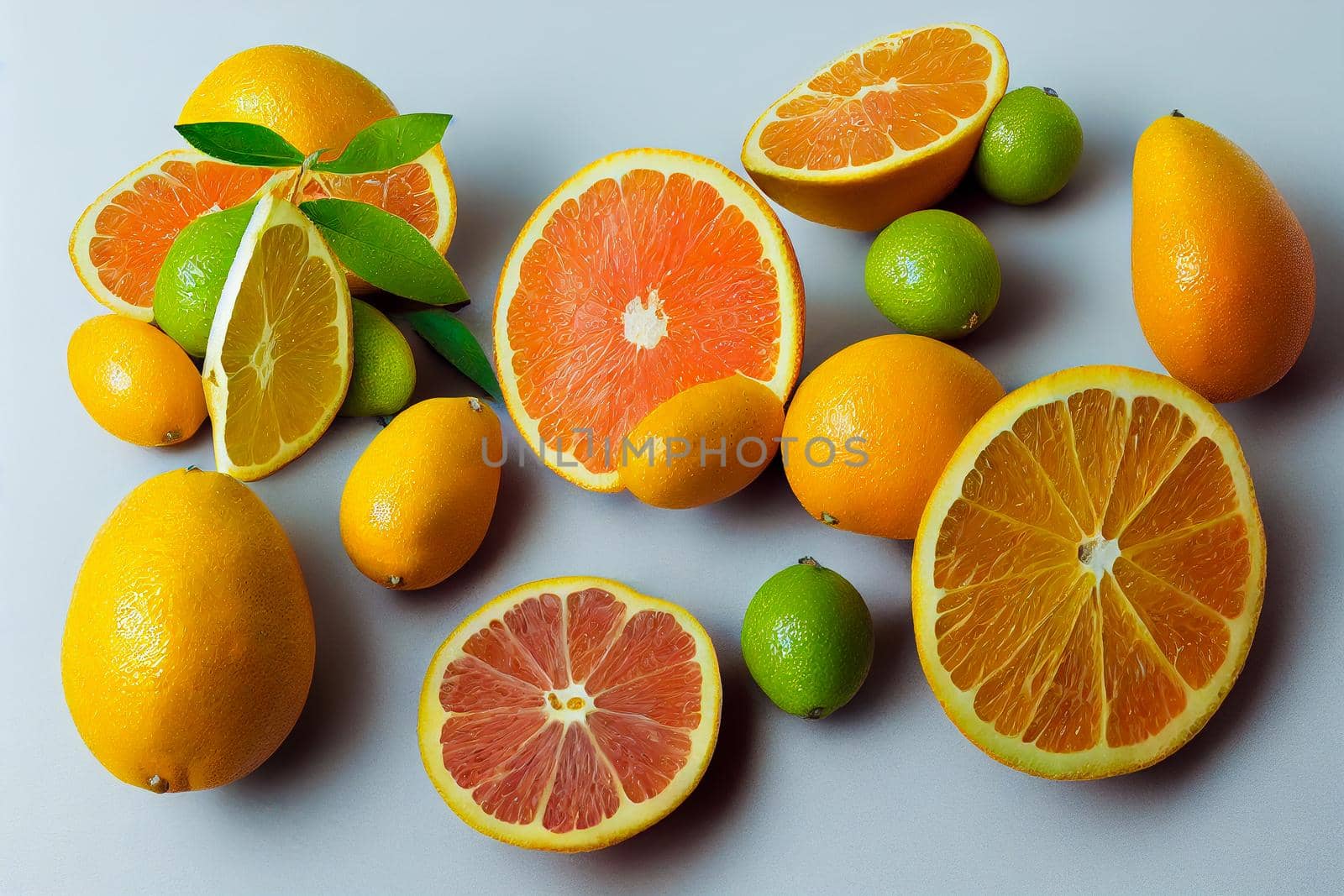 Different citrus fruit on grey background. Whole and sliced fruit. Food background. Healthy eating and diet.
