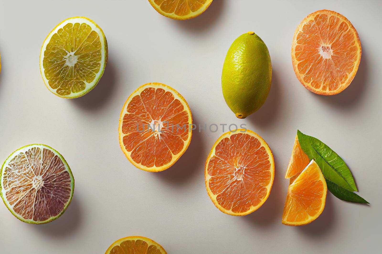 Different citrus slices on grey concrete table. Healthy eating and diet. 3d Illustration. Food background.