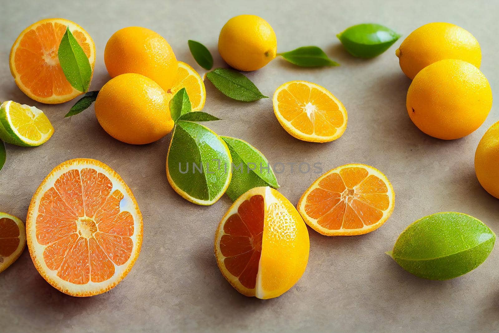 Various citrus fruit flat lay on grey background. Whole and sliced fruit. Food background. Healthy eating and diet. 3d illustration