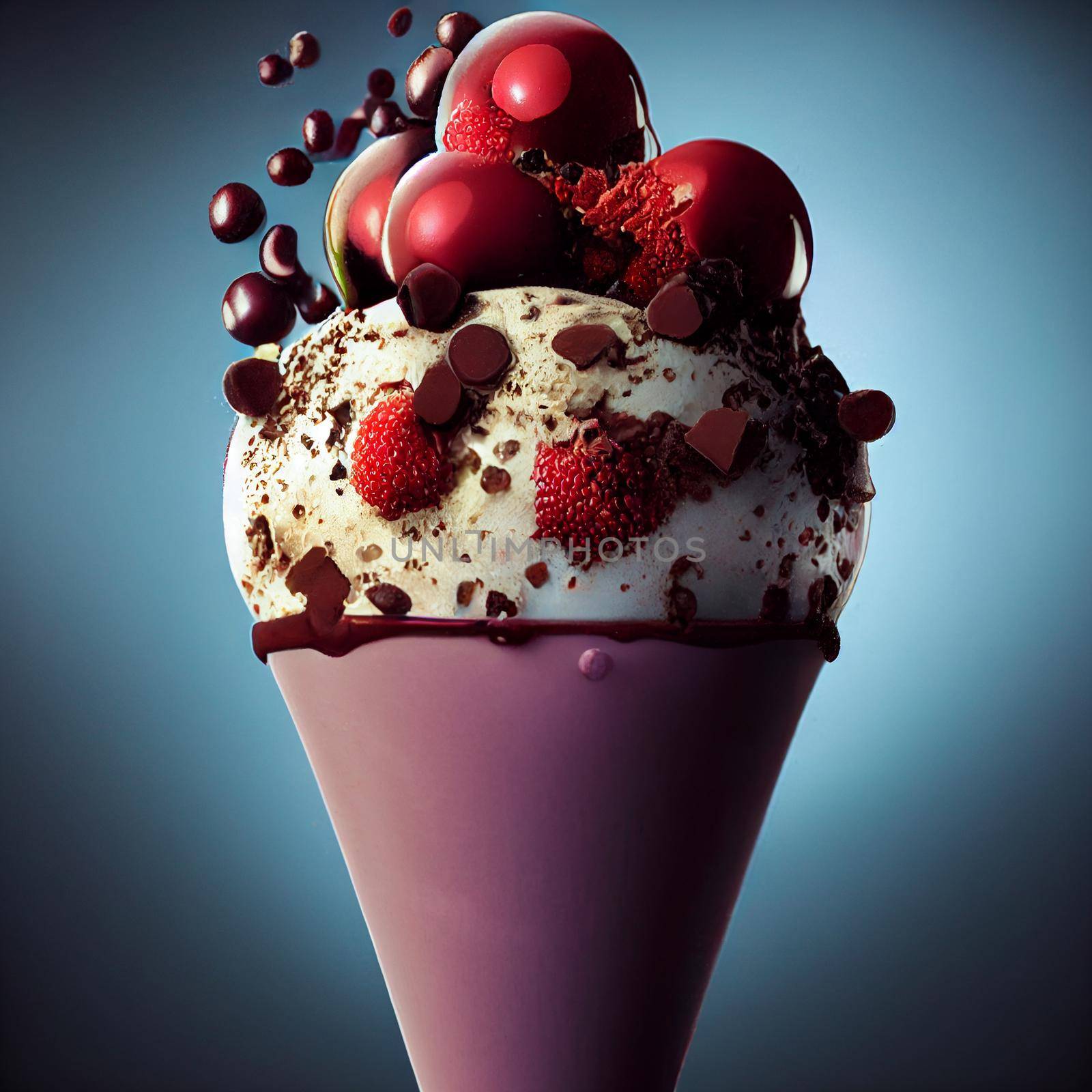 Realistic 3d illustration ice cream in a plastic cone, with berries and pieces of chocolate.