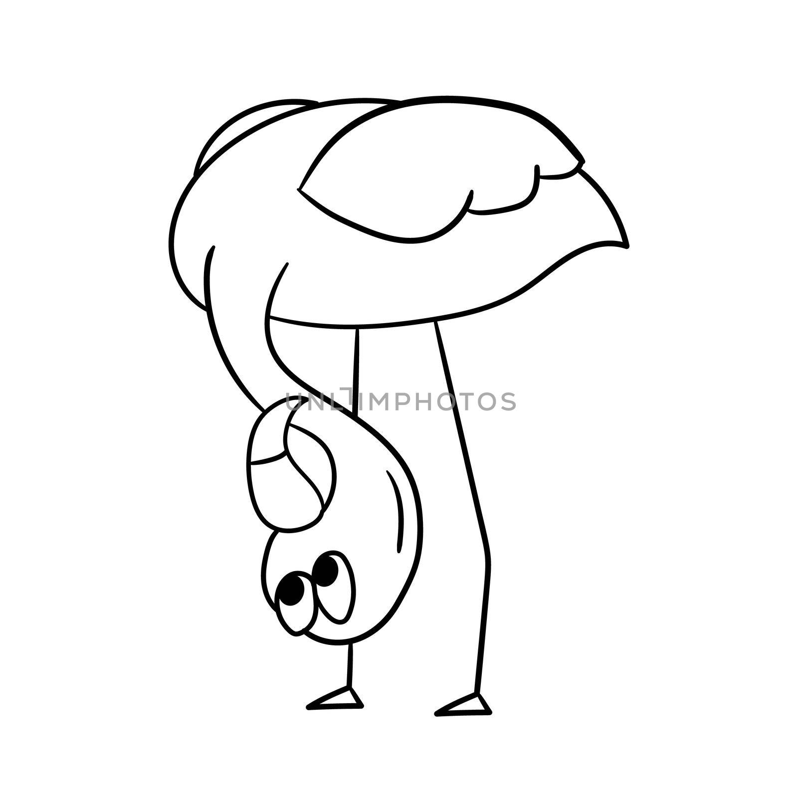Cute cartoon flamingo with upside down head. Hand drawn style. Element for children design. One of the set. Coloring