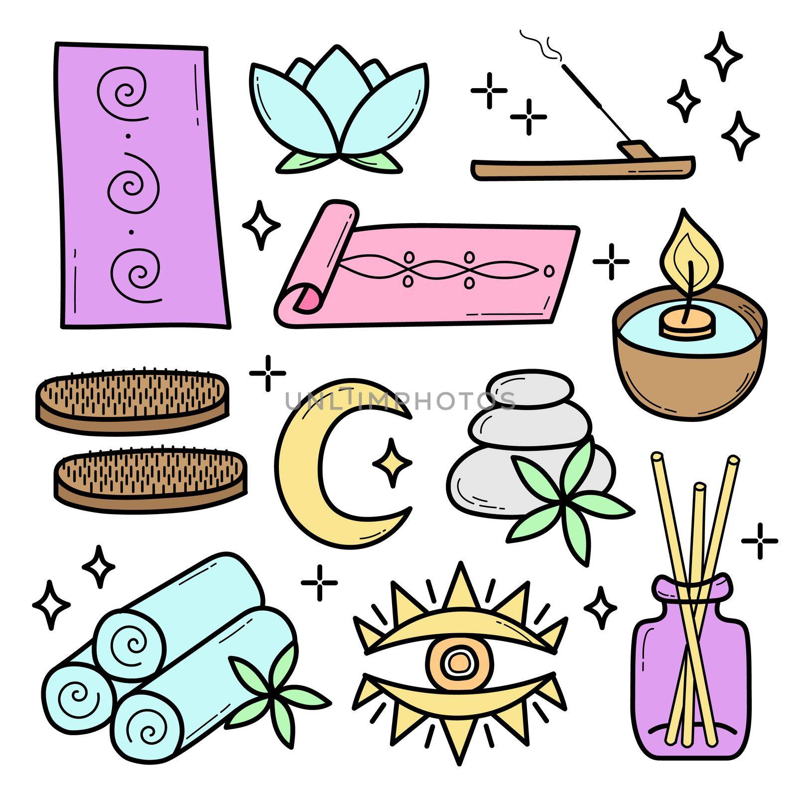 Vector set of spa and yoga icons. Sketch or doodle style on white. by natali_brill