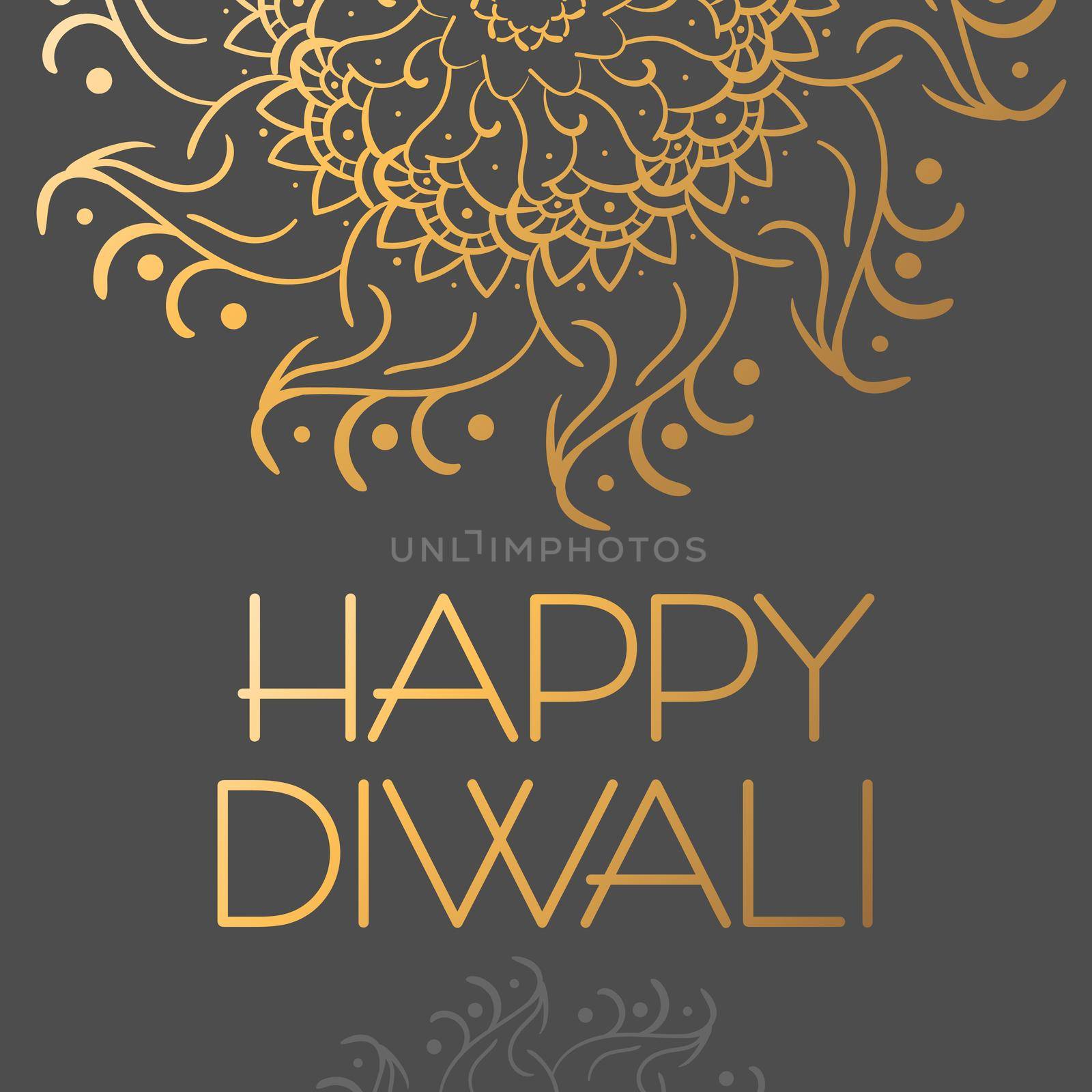 Happy Diwali. Greeting banner with lettering, grey background and mandala