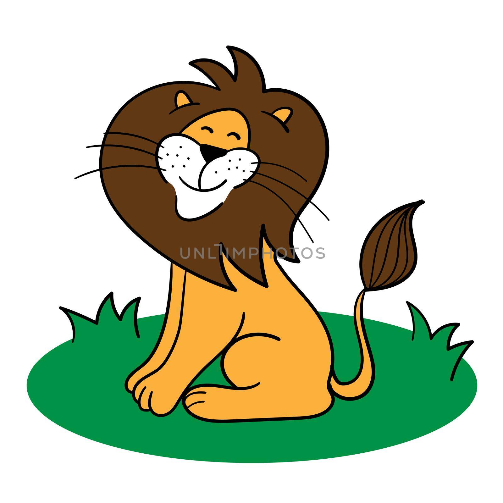 Cute lion cartoon. A smiling lion is sitting on the green grass. Drawing on a white background