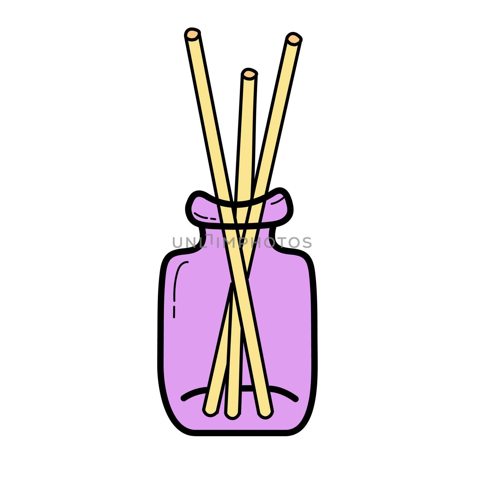 Wooden aroma sticks in glass jar. Essential air fragrance sticks aromatherapy. Spa and beauty relax. Vector illustration in doodle style