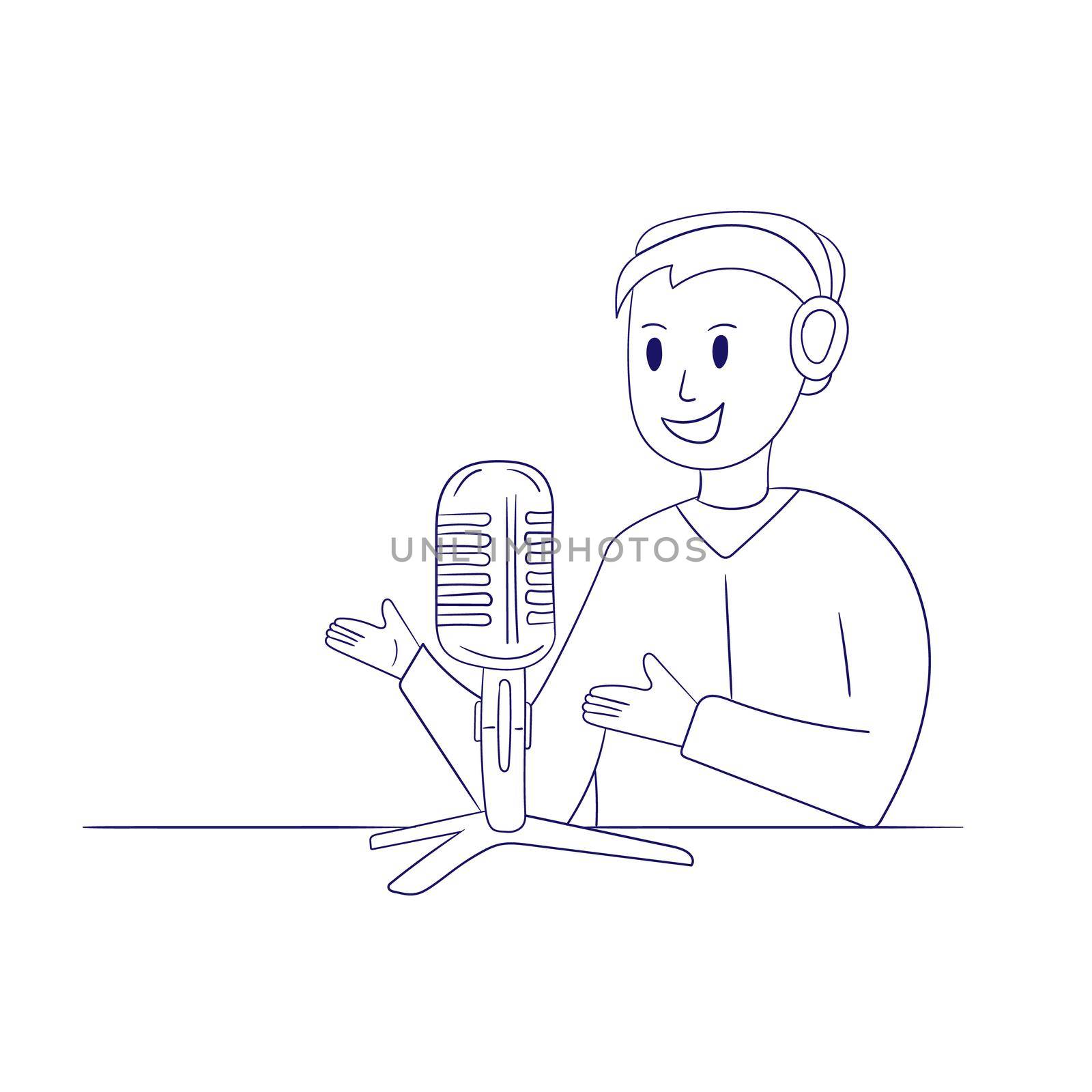 Happy podcaster man character talking with the audience. Professional podcaster on the air. Isolated vector - outline, coloring book