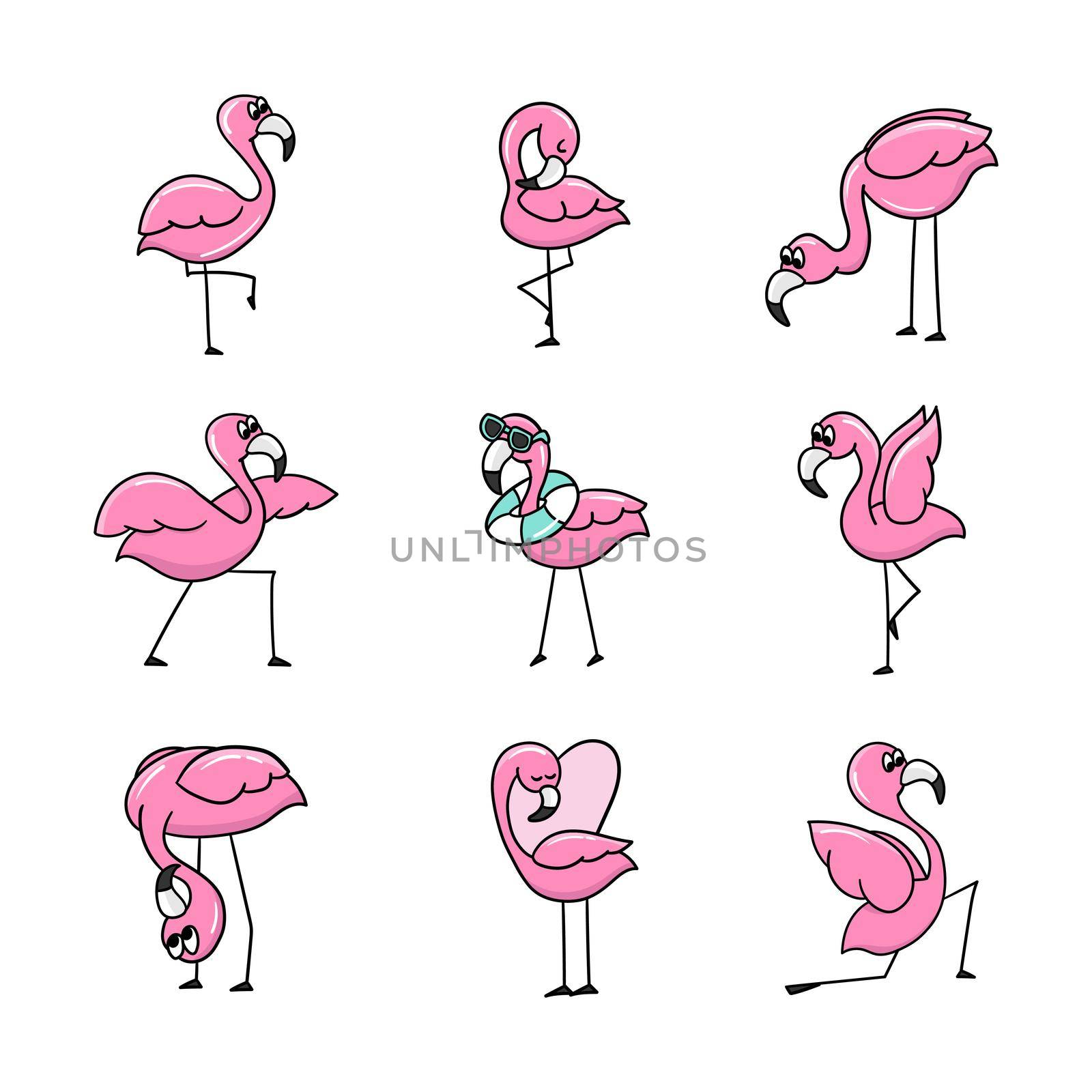 Set of flamingos. Cute pink flamingo bird. Set of stickers for design. Isolated on white background. Bright pictures with a thick outline