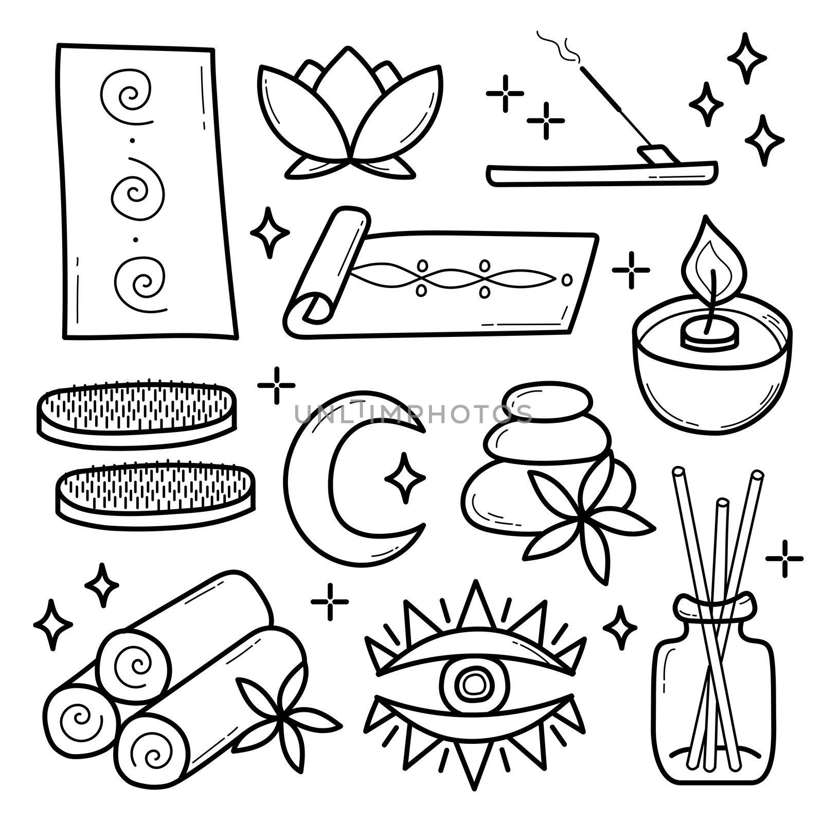 Vector set of spa and yoga icons. Sketch or doodle style on white. by natali_brill