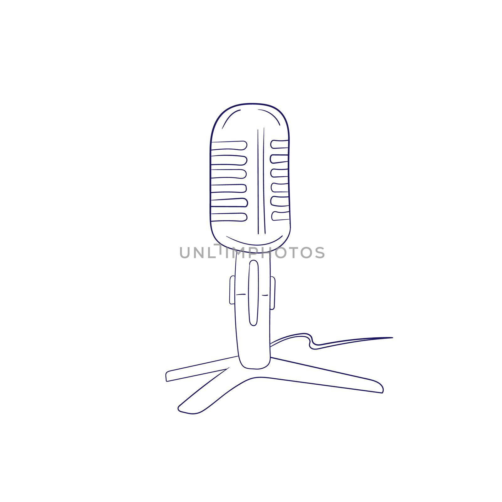 Podcast. Retro microphone isolated on white background. Design element for emblem, sign. Vector illustration. Hand drawn icon for coloring book
