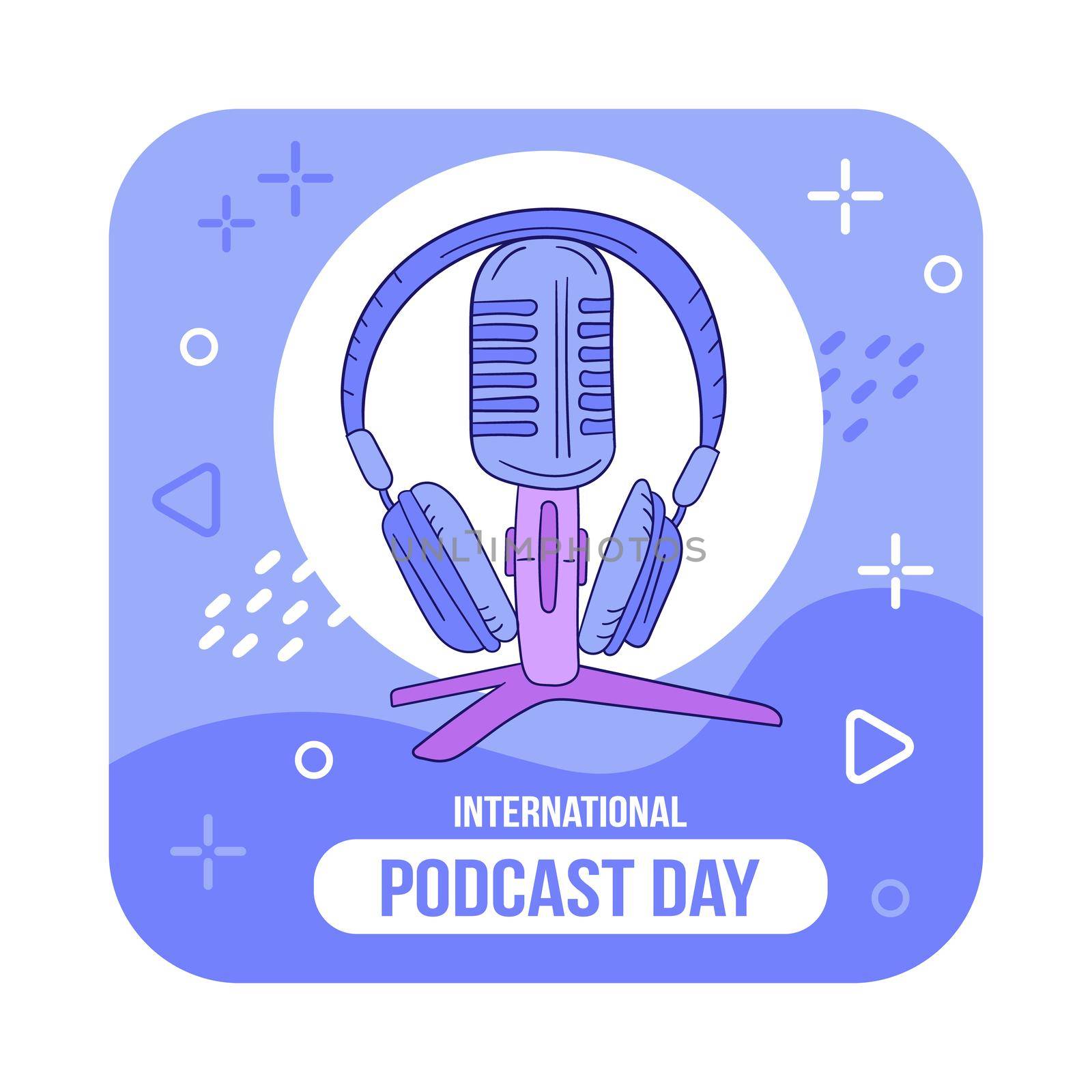 Vector illustration on the theme of International Podcast Day on September 30th. Microphone and headphones in hand drawn style
