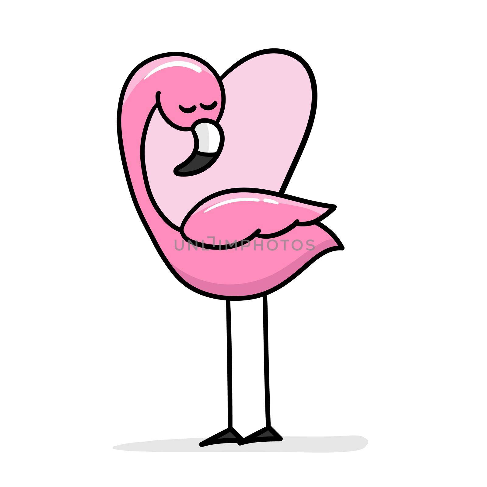 Cute flamingo with heart shape, vector illustration, summer print design. Cartoon flamingo. Cute pink flamingo. Cartoon sticker, thick outline