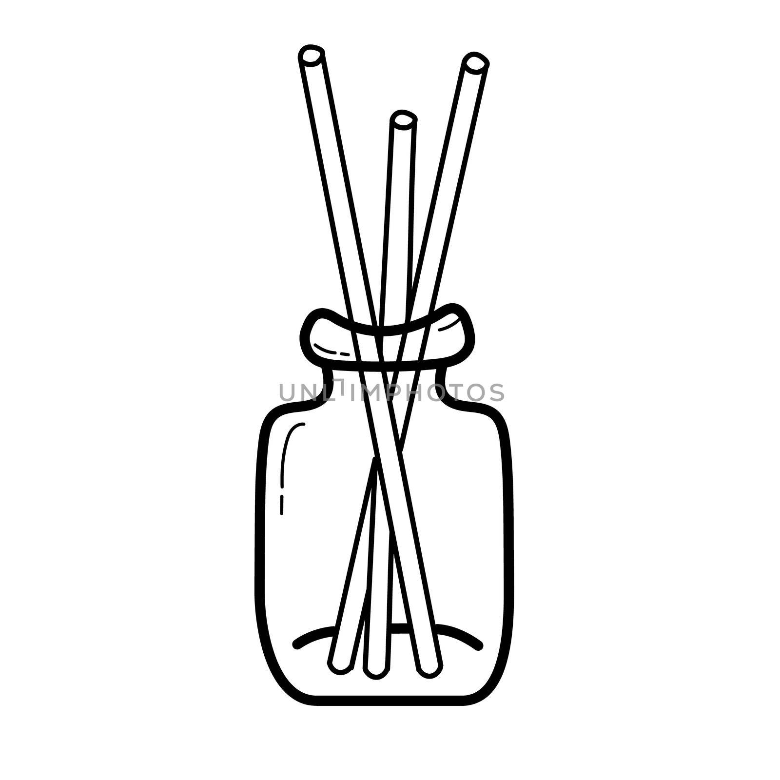 Wooden aroma sticks in glass jar. Essential air fragrance sticks aromatherapy. Spa and beauty relax. Outline drawing for coloring page.