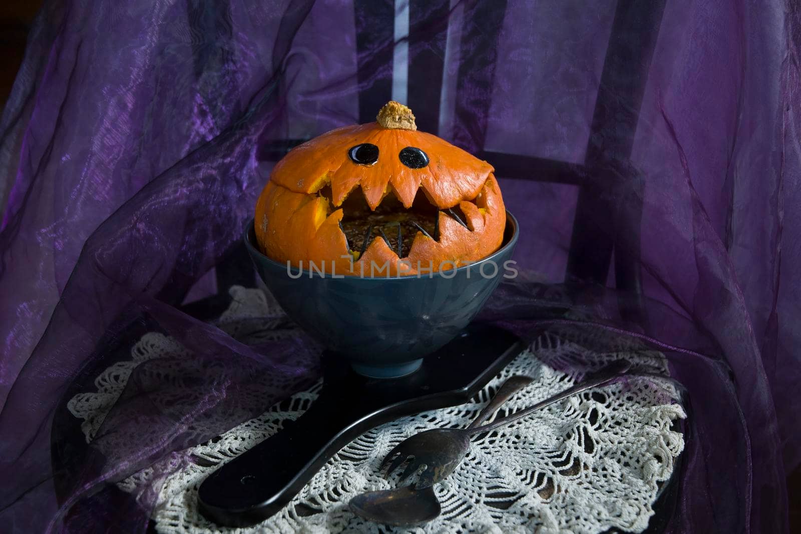 Halloween Pumpkin head, pumpkin with teeth and eyes, selective focus, by KaterinaDalemans
