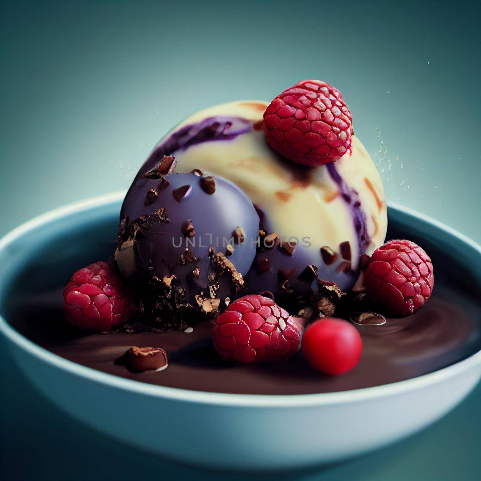Photorealistic 3d illustration icecream scoop in a bowl, berries and melted chocolate.