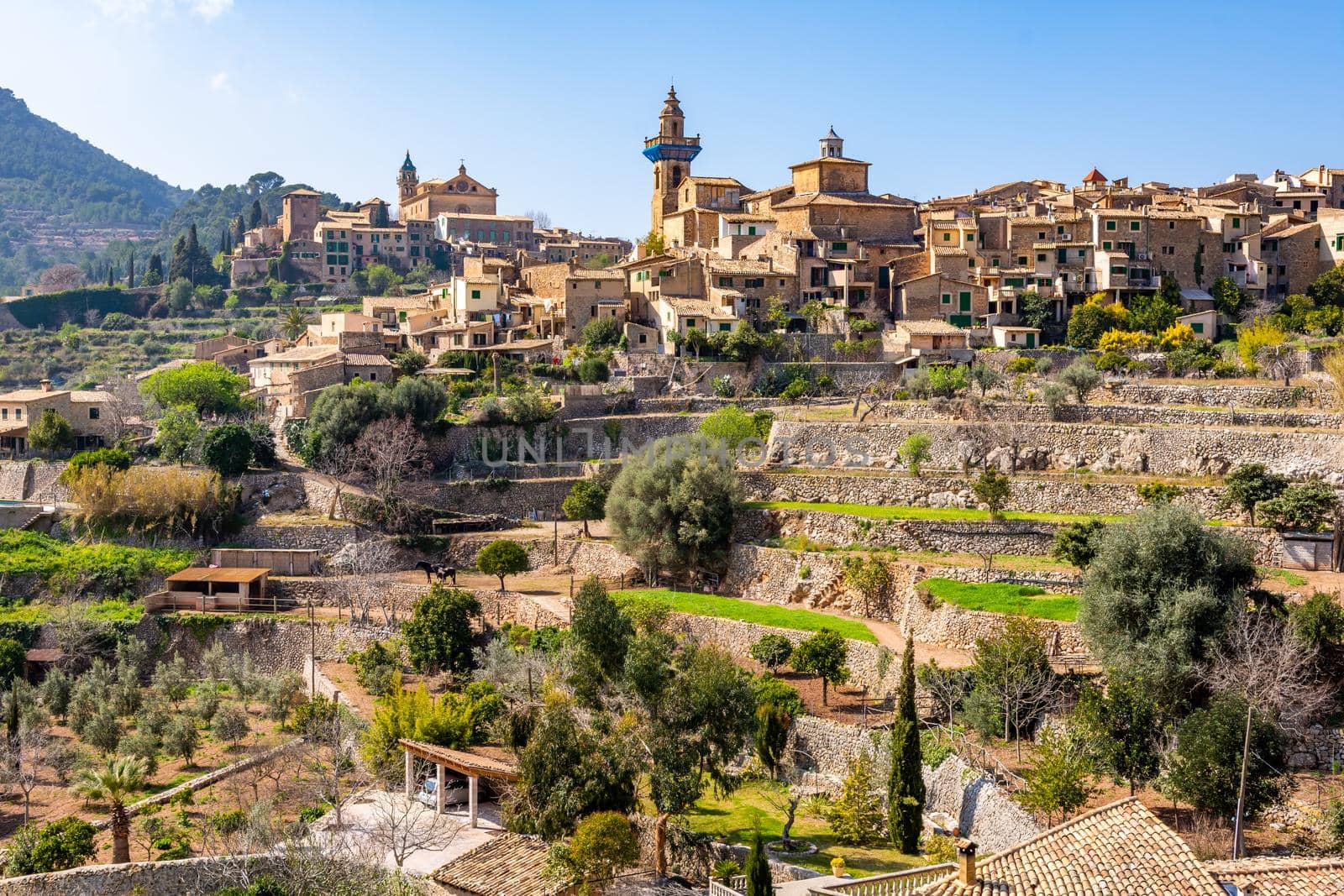 Beautiful view of the stairs and the buildings in Valldemossa, Mallorca Spain on a sunny day by bildgigant