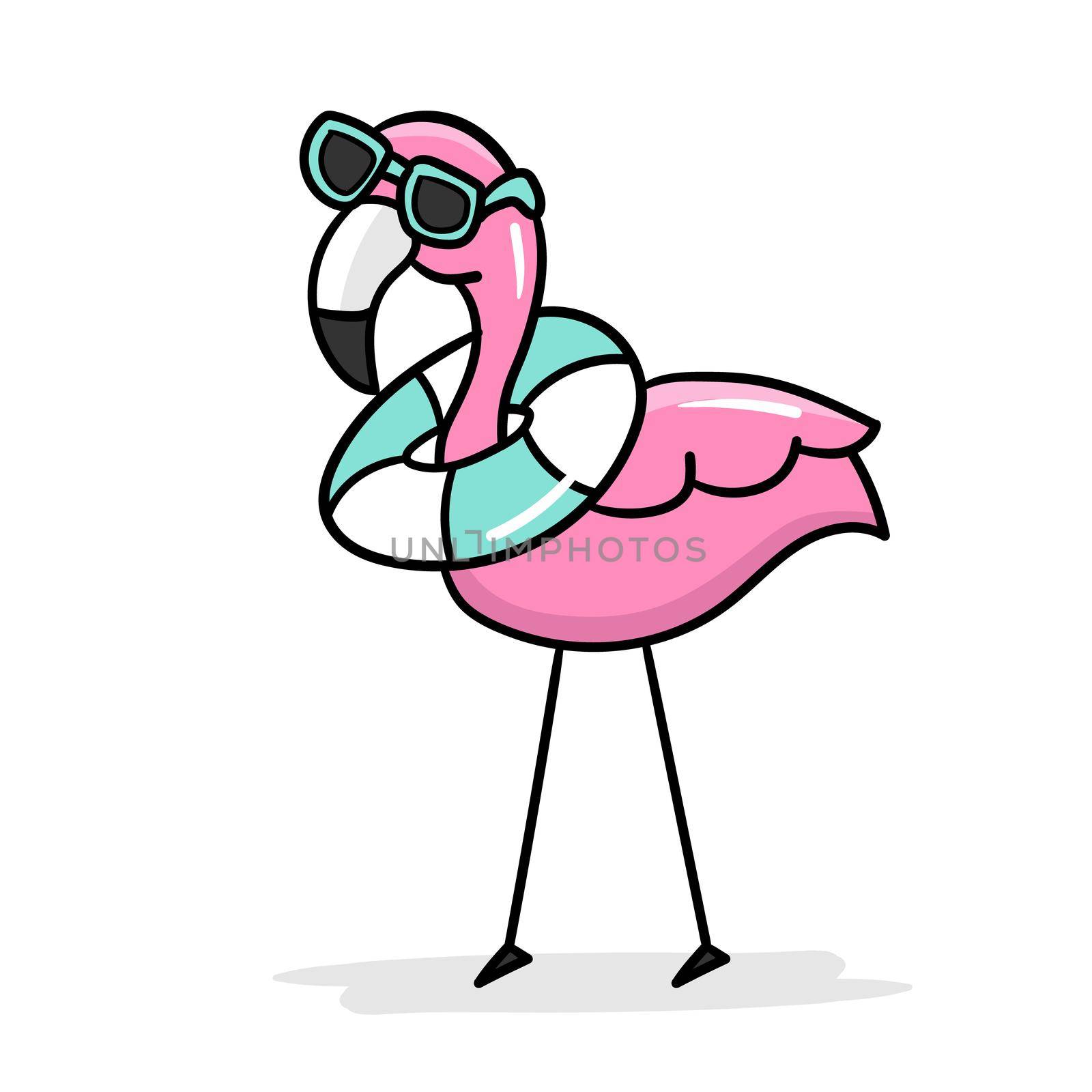 Simple flamingo, outline vector. Cartoon flamingo in sunglasses and a lifebuoy around his neck. Summer vector icon on white