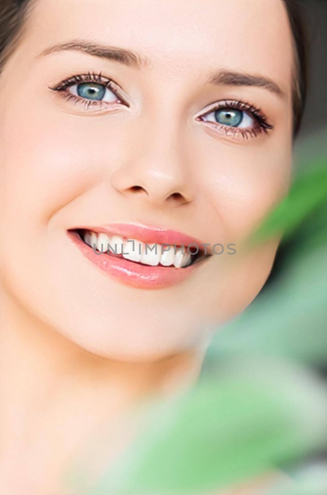 Natural beauty, perfect white teeth and healthy smile, beautiful woman in nature for skincare cosmetics and dental care, close-up portrait