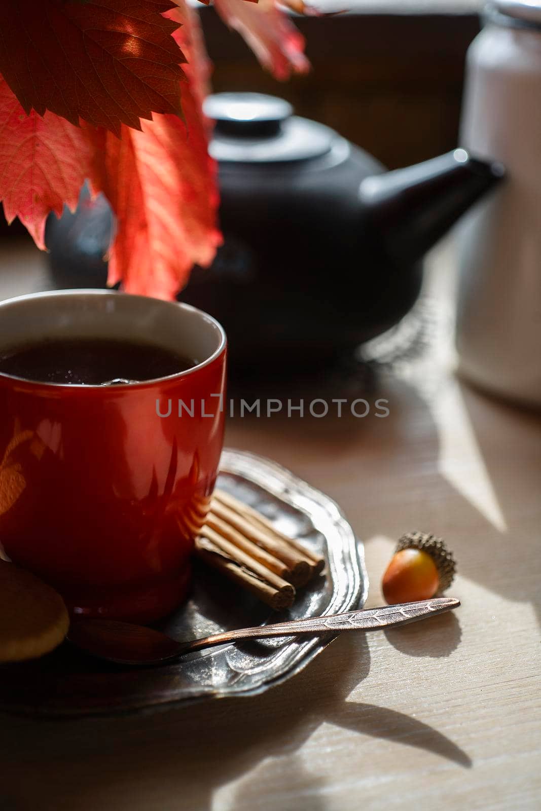 Red cup of tea on metal plate with red colored leaves and black tea pot on white wooden table, autumn morning concept, still life, selective focus, clpse up.
