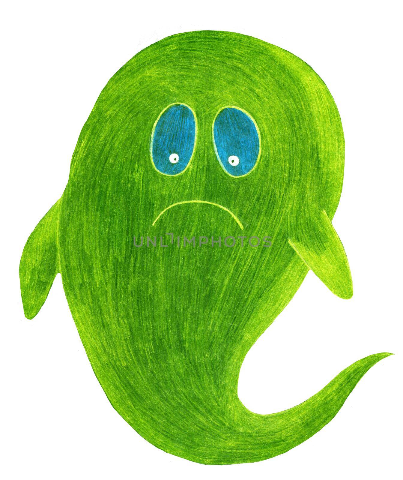 Hand Drawn Halloween Ghost Isolated on White Background. Halloween scary ghostly monsters. Cute cartoon spooky character, Drawn by Color Pencils.