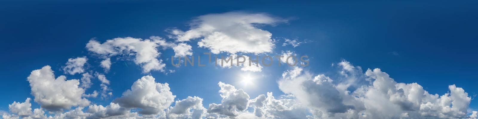 Sky panorama with Cirrus clouds in Seamless spherical equirectangular format. Full zenith for use in 3D graphics, game and editing aerial drone 360 degree panoramas for sky replacement