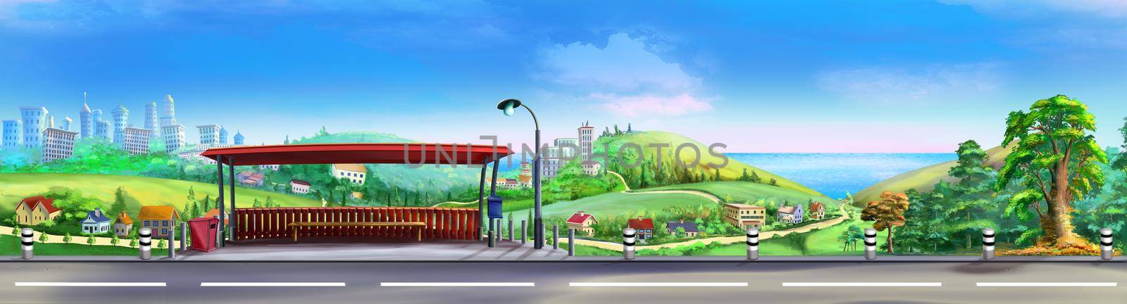 Bus stop on a Suburban highway on a sunny summer day. Digital Painting Background, Illustration.