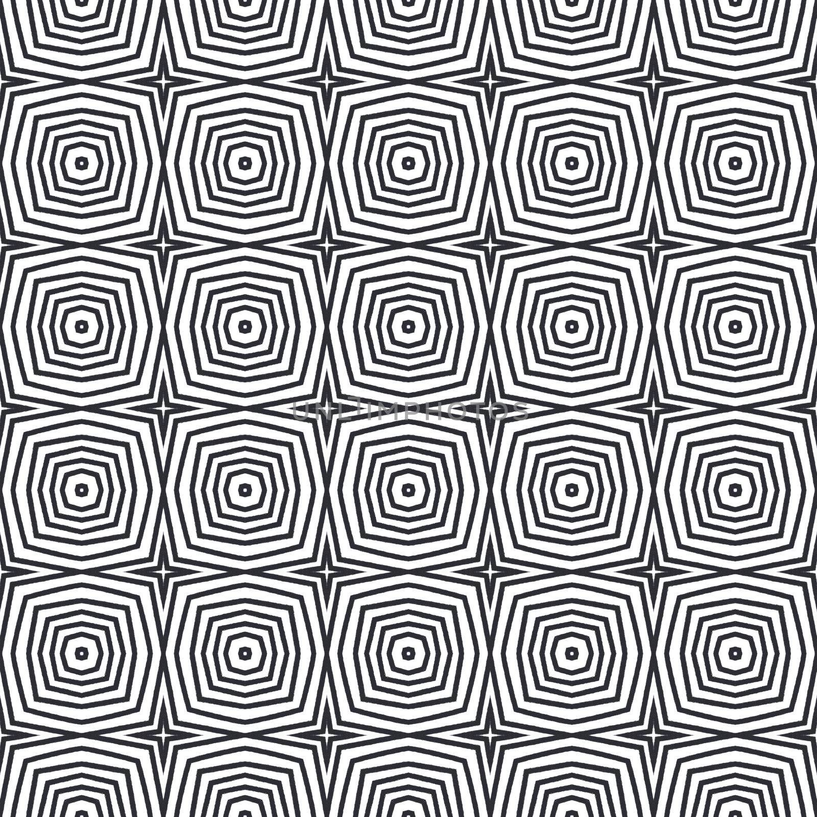 Ikat repeating swimwear design. Black symmetrical kaleidoscope background. Summer ikat sweamwear pattern. Textile ready enchanting print, swimwear fabric, wallpaper, wrapping.