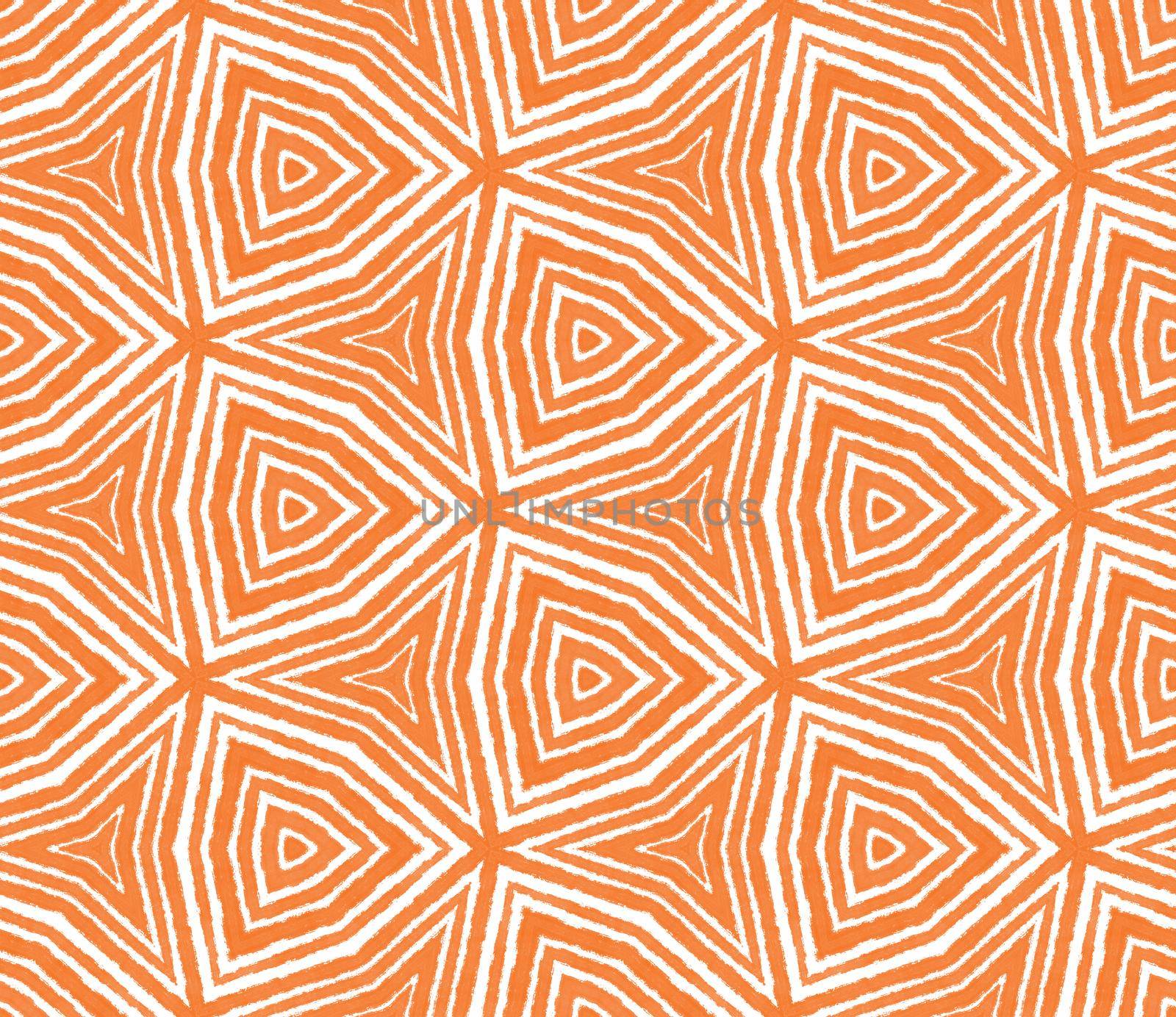 Exotic seamless pattern. Orange symmetrical kaleidoscope background. Textile ready surprising print, swimwear fabric, wallpaper, wrapping. Summer swimwear exotic seamless design.