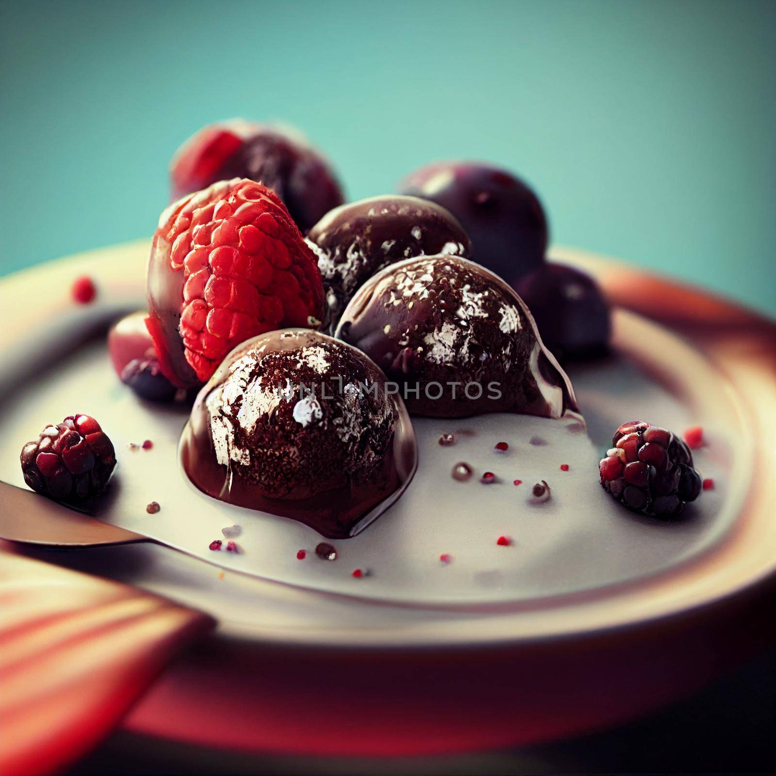 Realistic 3d illustration ice cream on a plate, with raspberries and chocolate. by vmalafeevskiy