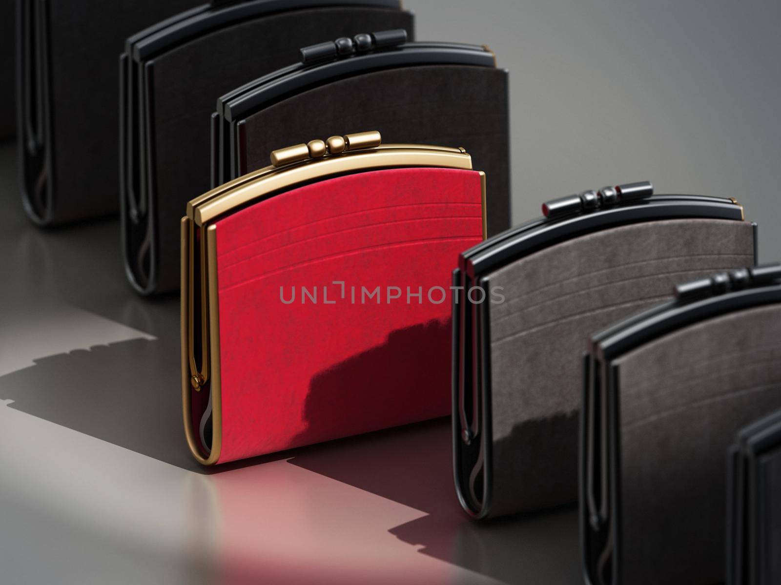 Red women's coin purse stands among black purses. 3D illustration.