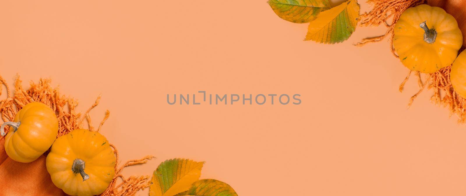 Autumn flat lay banner composition with pumpkins and fallen leaves on orange scarf top view. Copy space by ssvimaliss